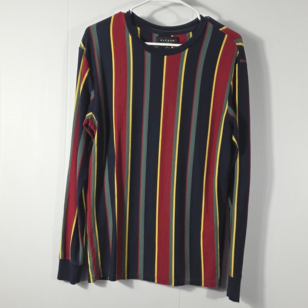PacSun Mens Small Long Sleeve T-Shirt Vertical Stripe Navy Red Yellow Green